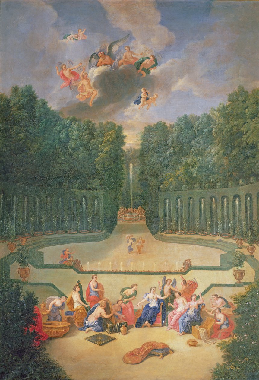 Die Haine von Versailles. Blick auf das Amphitheater und das Wassertheater mit Venus umgeben von den Stunden in Anwesenheit von Uranus von Jean the Younger Cotelle