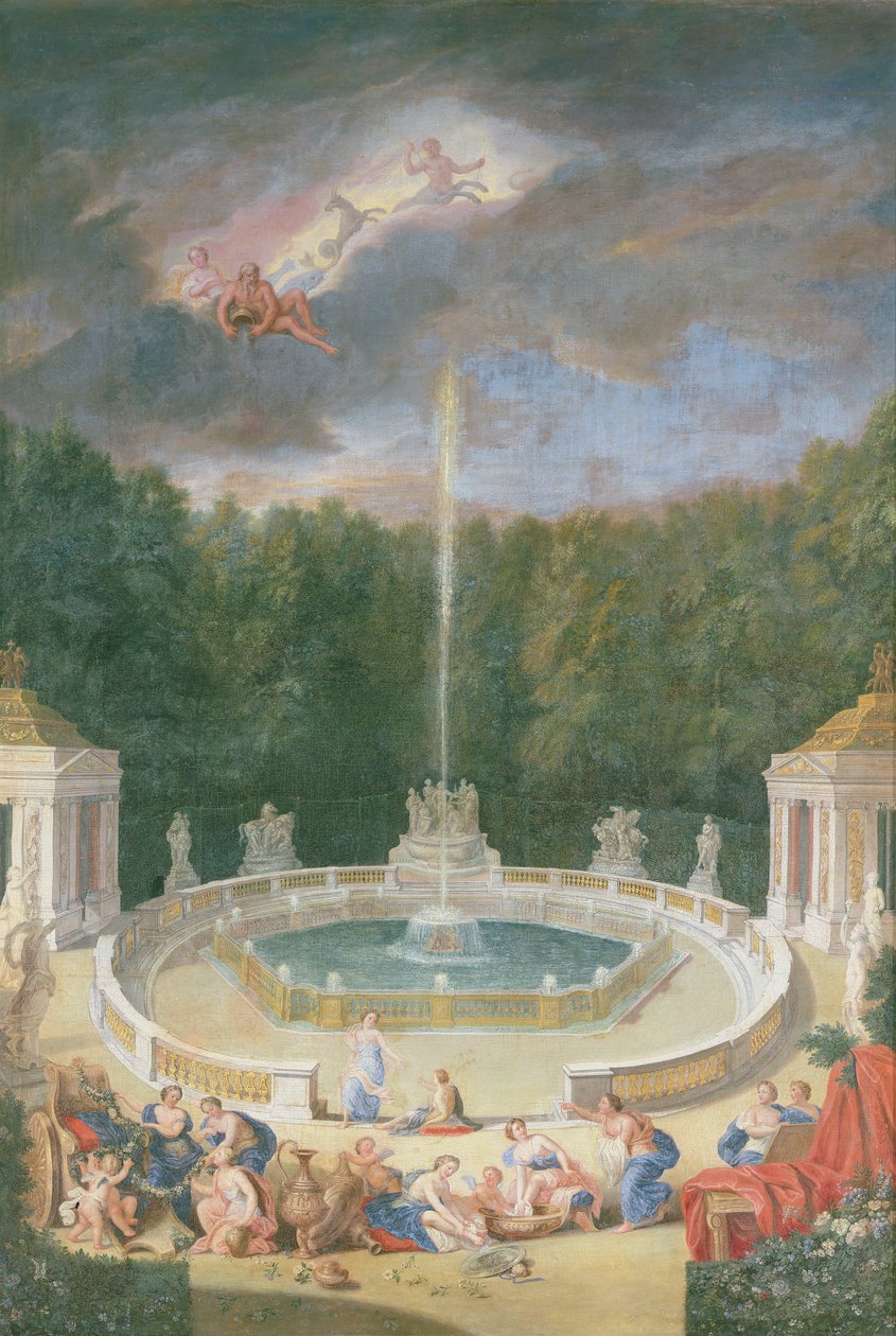 Die Haine von Versailles. Ansicht des Hains der Kuppeln mit Nymphen, die den Wagen des Apollo mit Blumen schmücken von Jean the Younger Cotelle