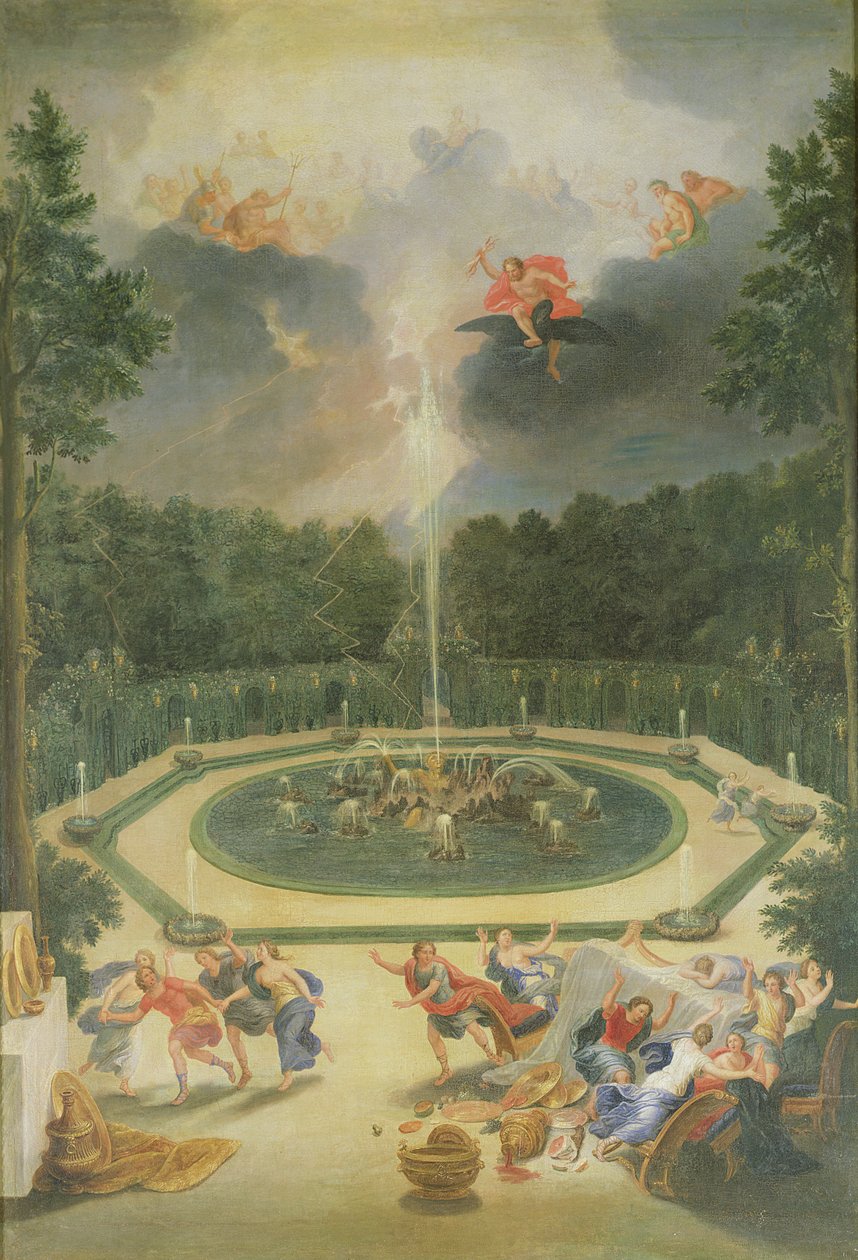Die Haine von Versailles. Ansicht des Brunnens von Enceladus mit dem Fest von Lycaon von Jean the Younger Cotelle