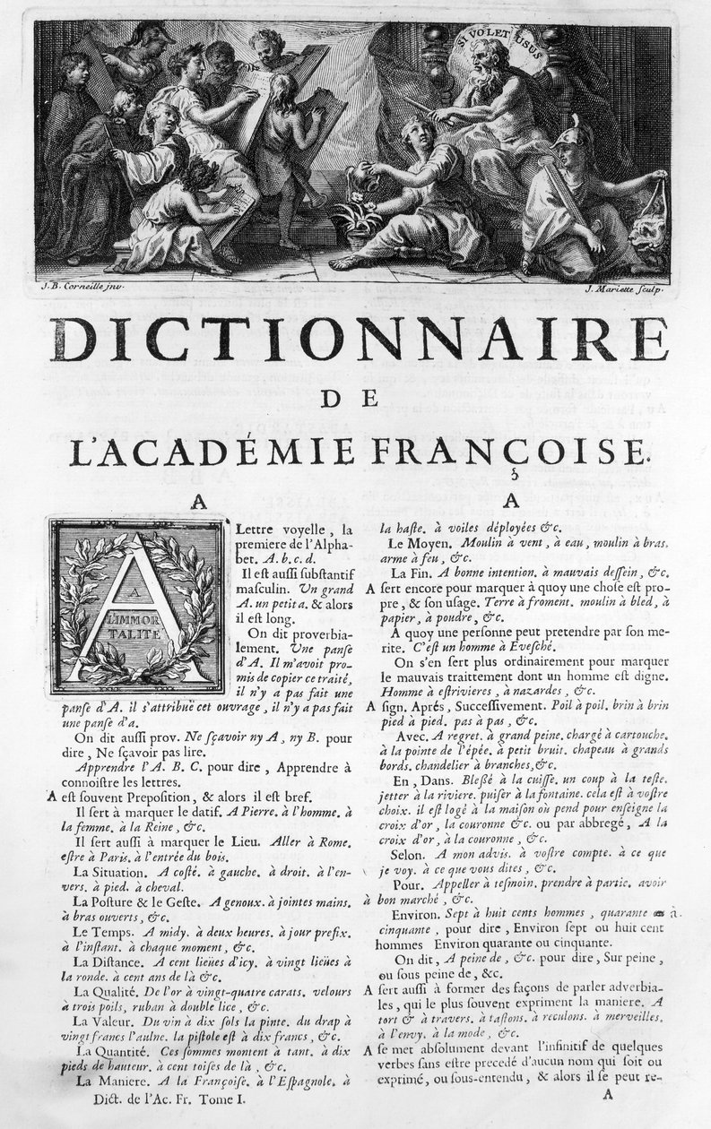 Frontispiz für das Wörterbuch der Französischen Akademie, graviert von Jean Mariette von Jean Baptiste Corneille