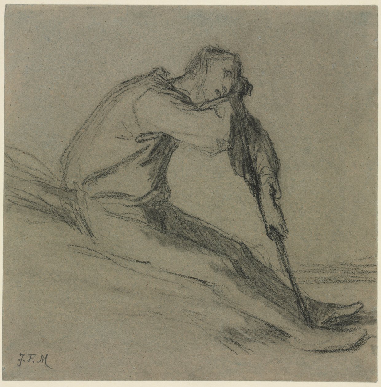 Sitzender Bauer, der sich auf eine Hacke stützt von Jean Francois Millet