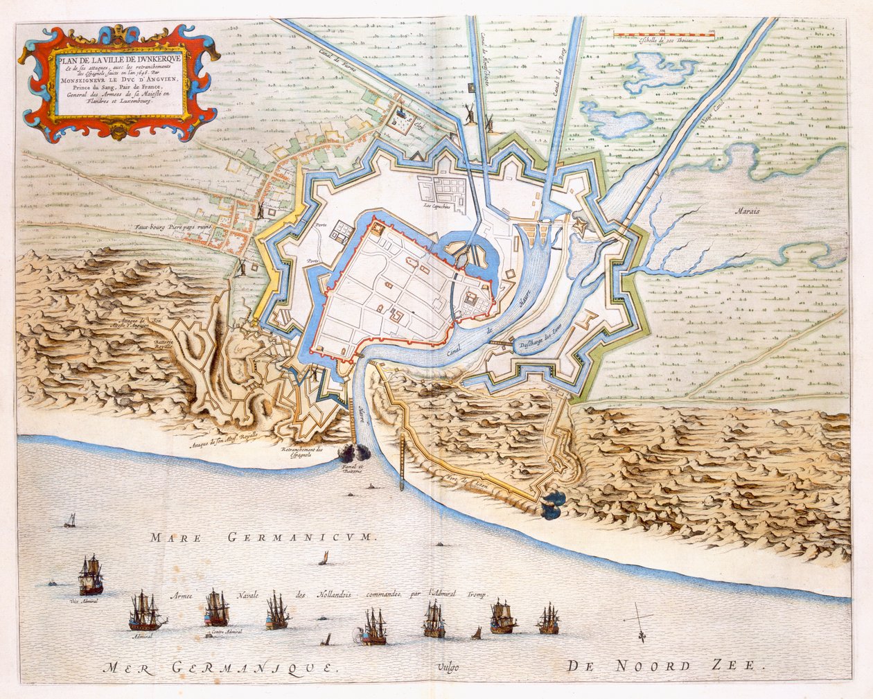 Stadt Dunkerque während der spanischen Herrschaft: Plan mit Küstenverteidigungen, Schloss und Bastionen, 1649 von Joan Blaeu