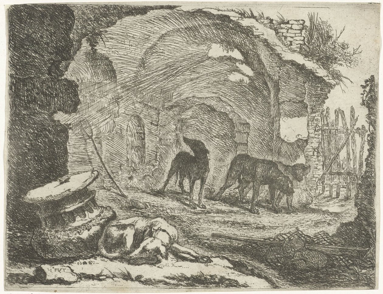 Vier Hunde bei einer Ruine von Joannes Fijt