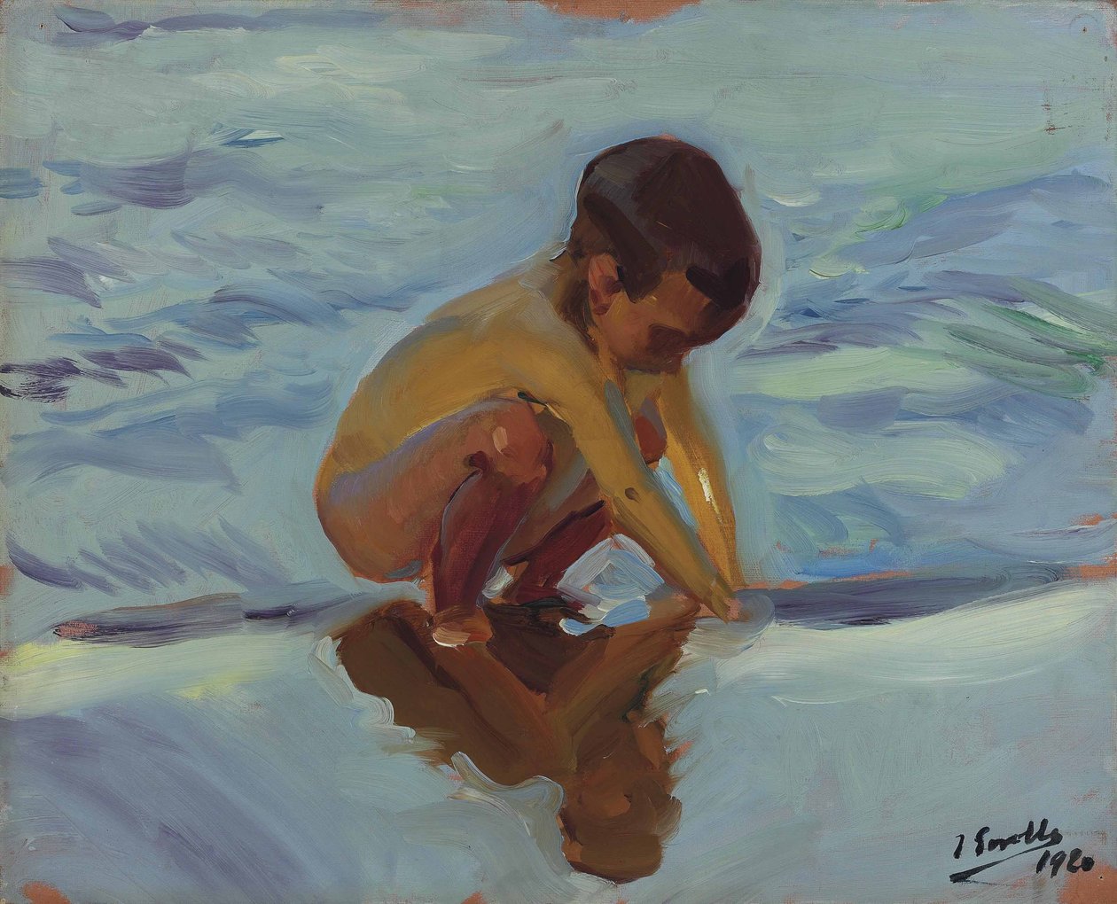 Gegenlicht am Strand, hockendes Kind von Joaquín Sorolla