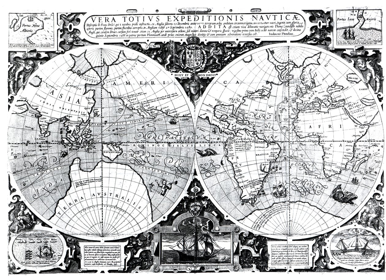 Weltkarte; Vera Totius Expeditionis Nauticae, Kartierung der Weltumsegelung von Sir Francis Drake (1540-96) und Thomas Cavendish (1560-92) um 1595 von Jodocus Hondius