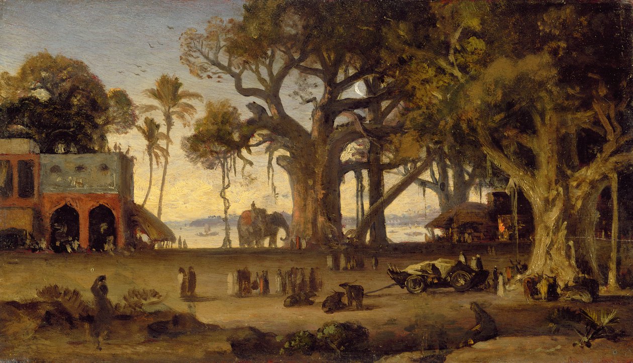 Mondschein-Szene mit indischen Figuren und Elefanten unter Banyanbäumen, Oberindien (wahrscheinlich Lucknow) von Johan Joseph Zoffany