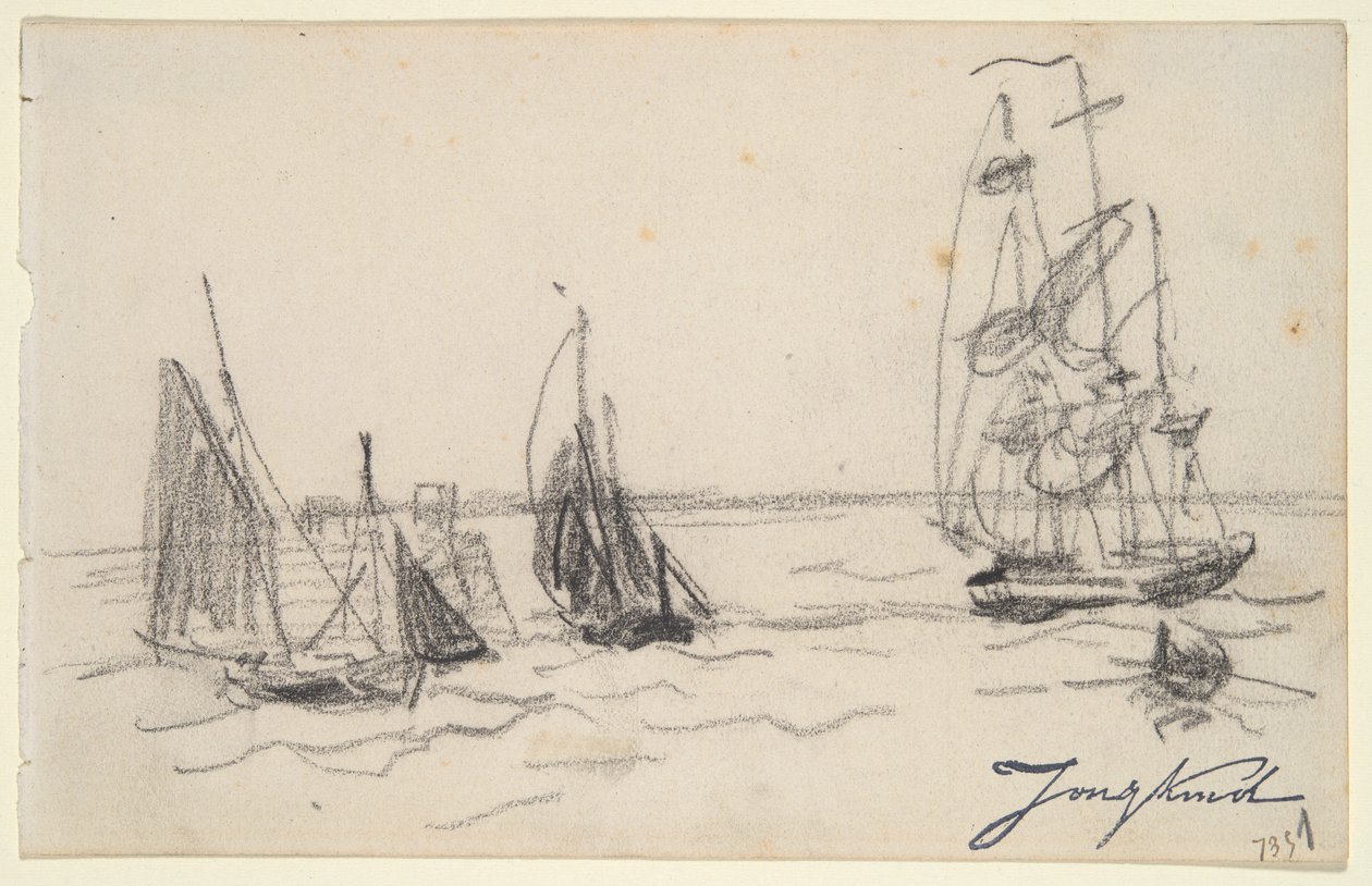 Kleine Segelboote und ein Dreimaster von Johan Barthold Jongkind