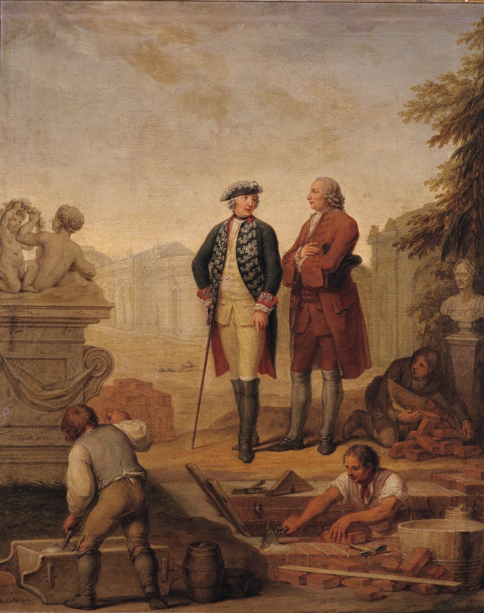 König Friedrich II. von Preußen und der Marquis von Argens inspizieren den Bau von Sanssouci in Potsdam von Johann Christoph Frisch