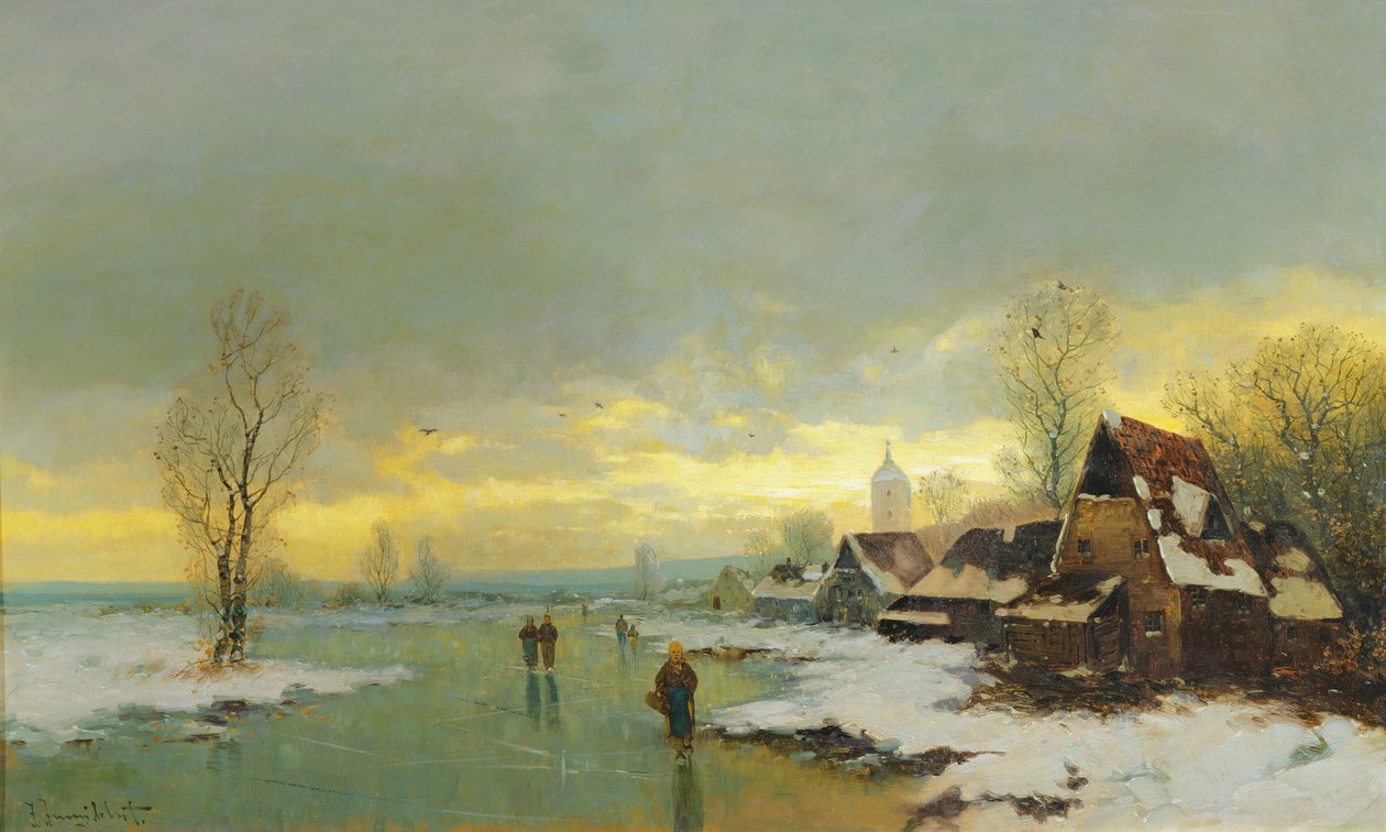 Menschen gehen auf einem zugefrorenen Fluss von Johann II Jungblut