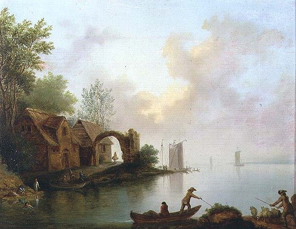 Bewaldete Flusslandschaft mit Bootsmännern von Johann Heinrich Wust