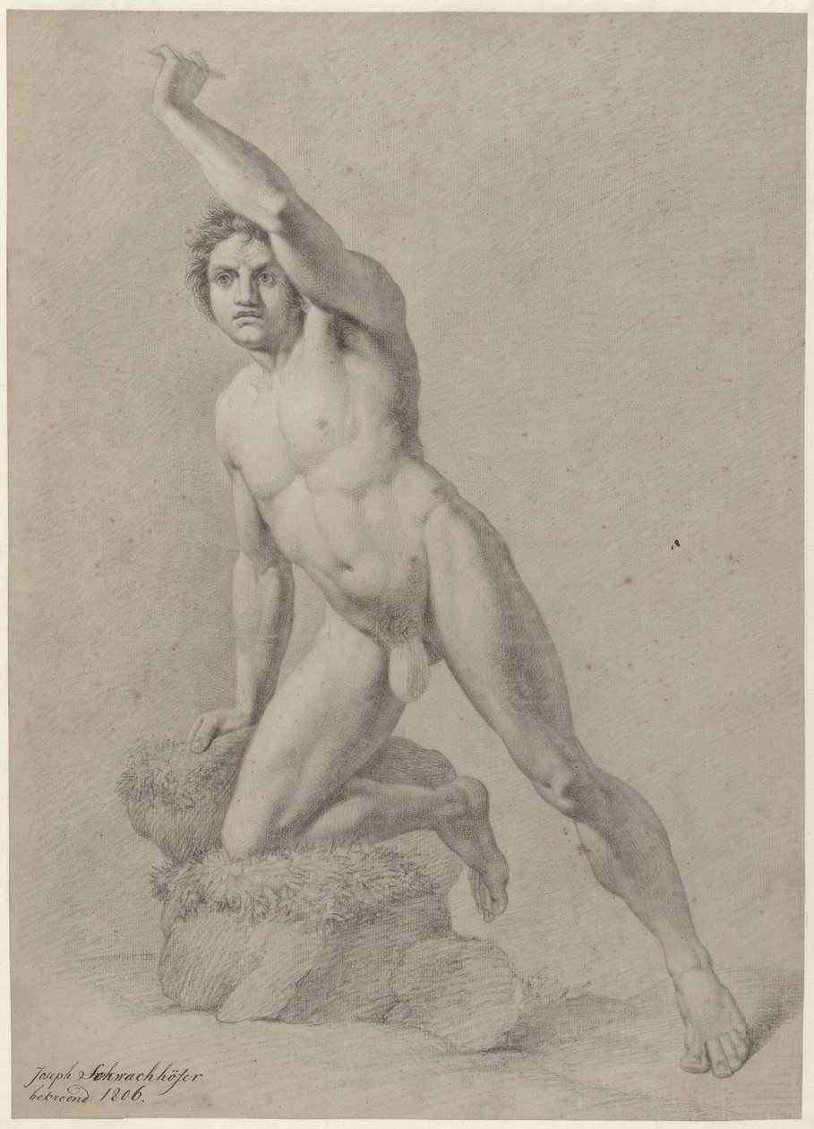 Männlicher Akt, kniend auf einem Knie von Johann Joseph Schwachhofer