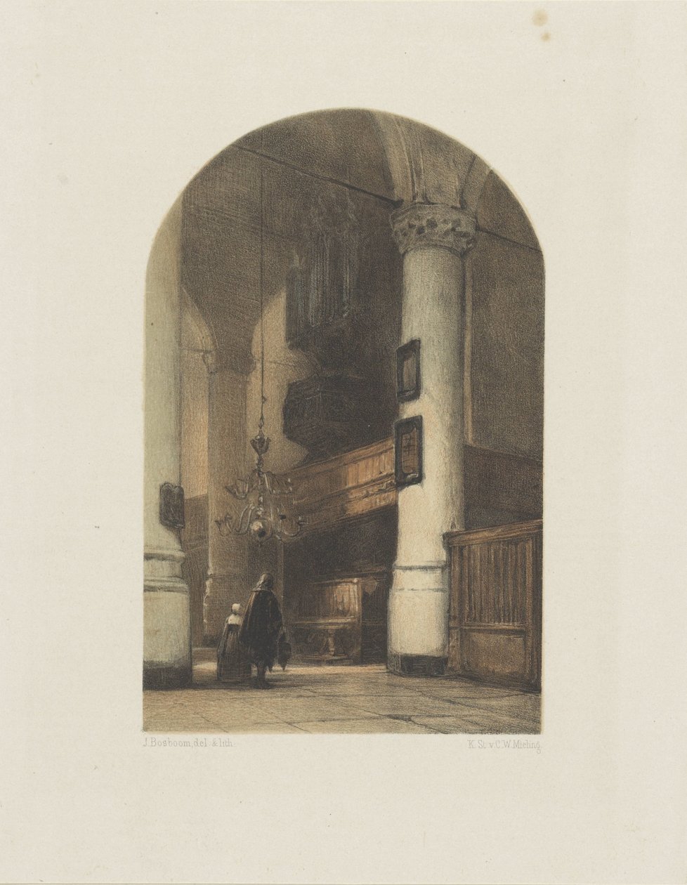 Kircheninterieur mit zwei Figuren und Orgel von Johannes Bosboom