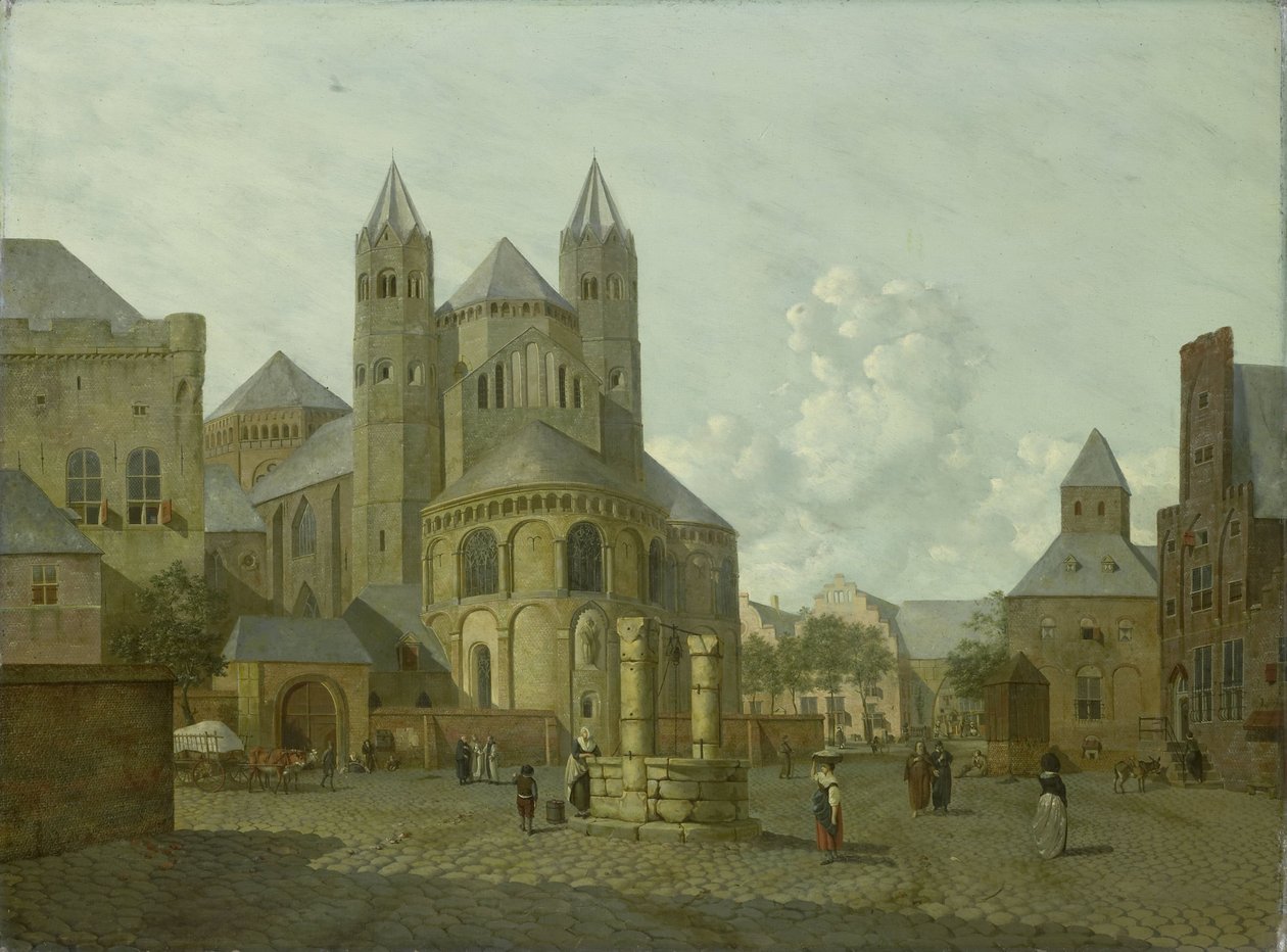 Imaginäre Stadtansicht mit romanischer Kirche von Johannes Huibert Prins