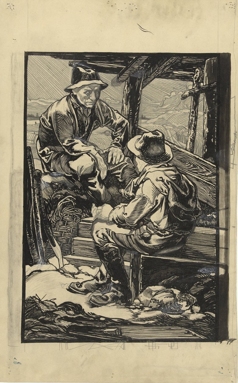 Zwei Deicharbeiter in einer Holzhütte von Johannes Josephus Aarts