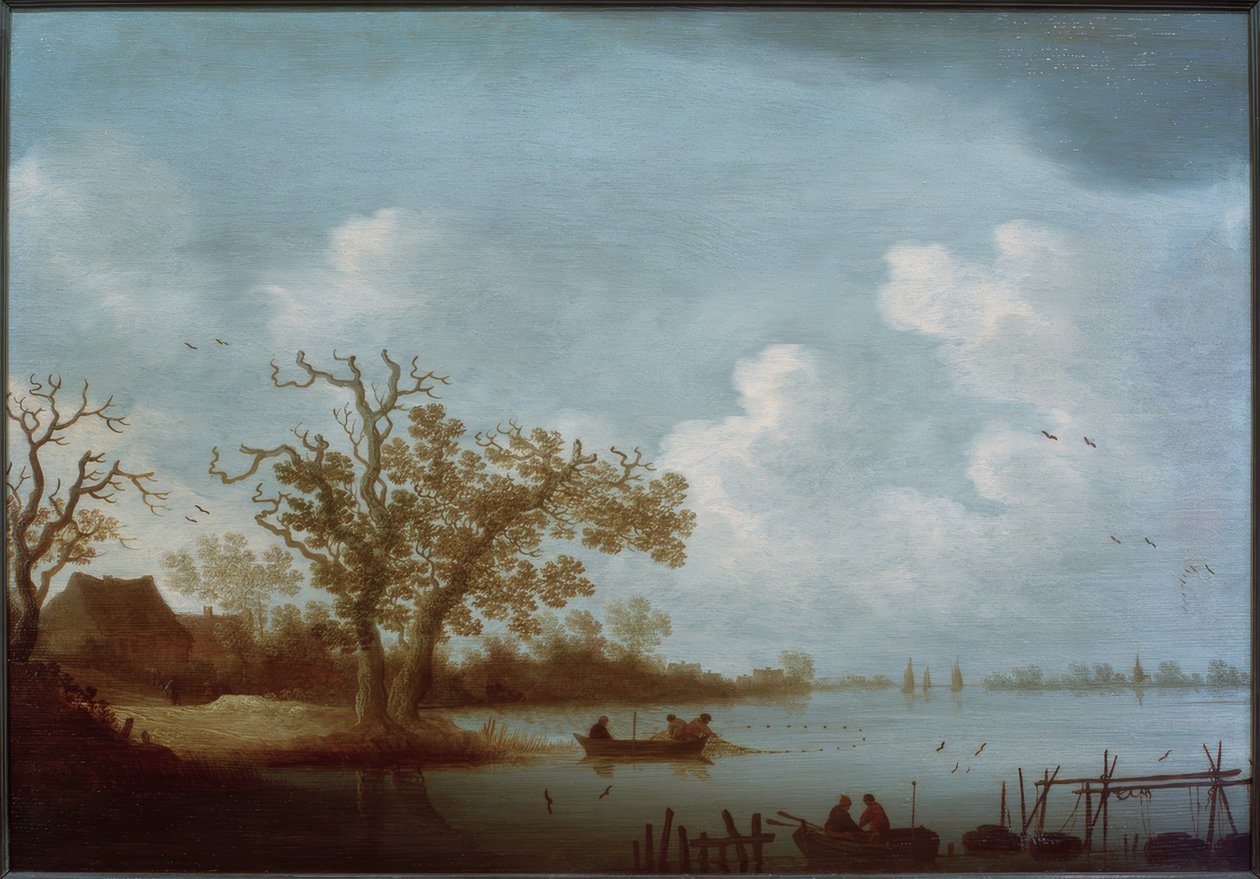 Holländische Flusslandschaft mit Bauernhäusern und Fischerbooten von Johannes Pietersz. Schoeff