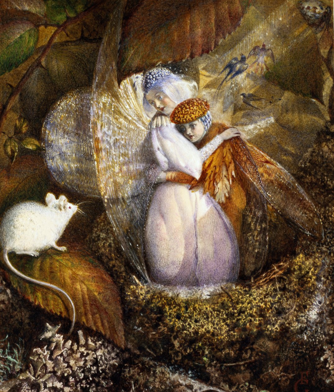 Feenliebhaber in einem Vogelnest beobachten eine weiße Maus, c.1860 von John Anster Fitzgerald