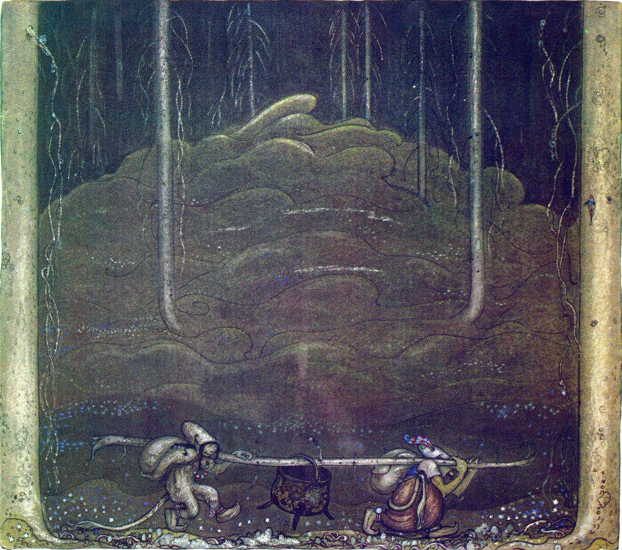 Als der Abend kam, schlichen Trollmutter und der Junge aus dem Berg. Sie trugen den Kessel der Trolle zwischen sich auf einem Stock von John Bauer