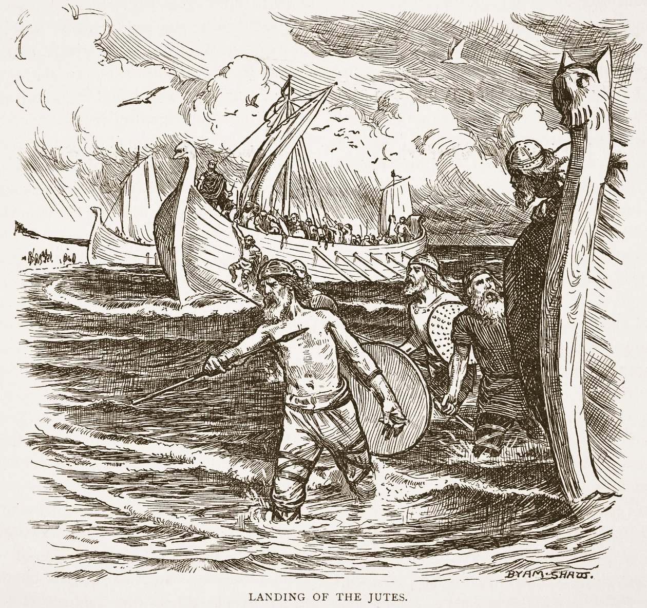 Die Landung der Jüten auf der Isle of Thanet, Kent, England, 449 n. Chr., Illustration aus 