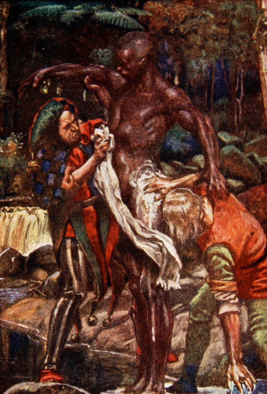 Sie sahen einen Mann namens Narr und einen anderen namens Dummkopf, die einen Mann wuschen, der aus einem Land kam, in dem alle Menschen schwarz waren, Illustration aus 