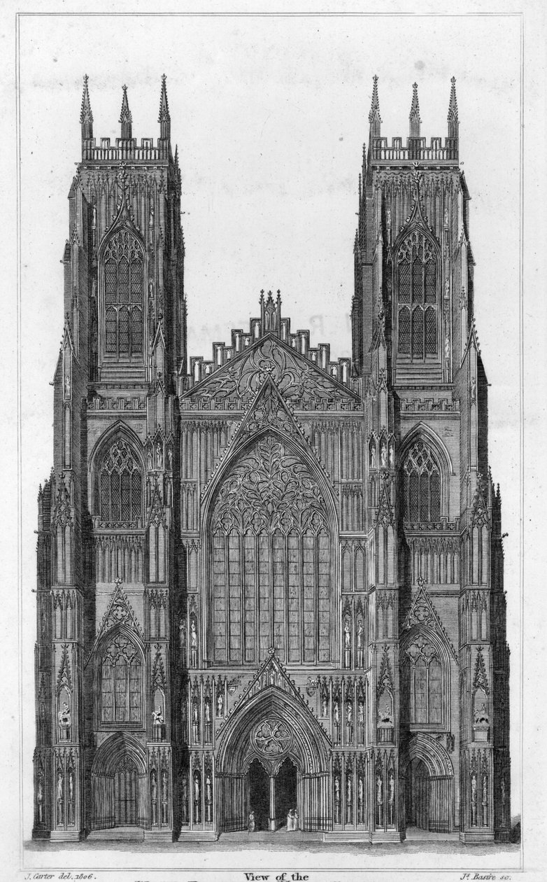 Ansicht der Westfassade der Kathedrale von York, graviert von James Basire II, 1806 von John Carter