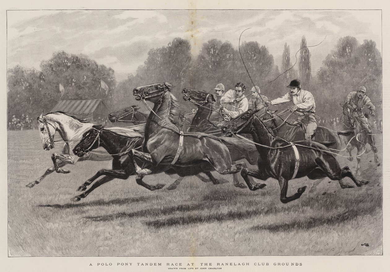 Ein Polo-Pony-Tandemrennen auf dem Gelände des Ranelagh Clubs von John Charlton