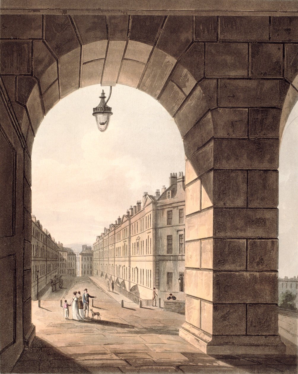 Pulteney Street endet in Laura Place, gesehen durch das Tor der Sydney Gardens, aus 