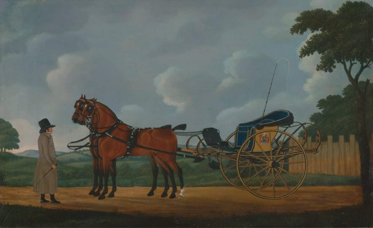 Ein Gentleman mit seinem Paar Bays, angespannt an eine Curricle von John Cordrey