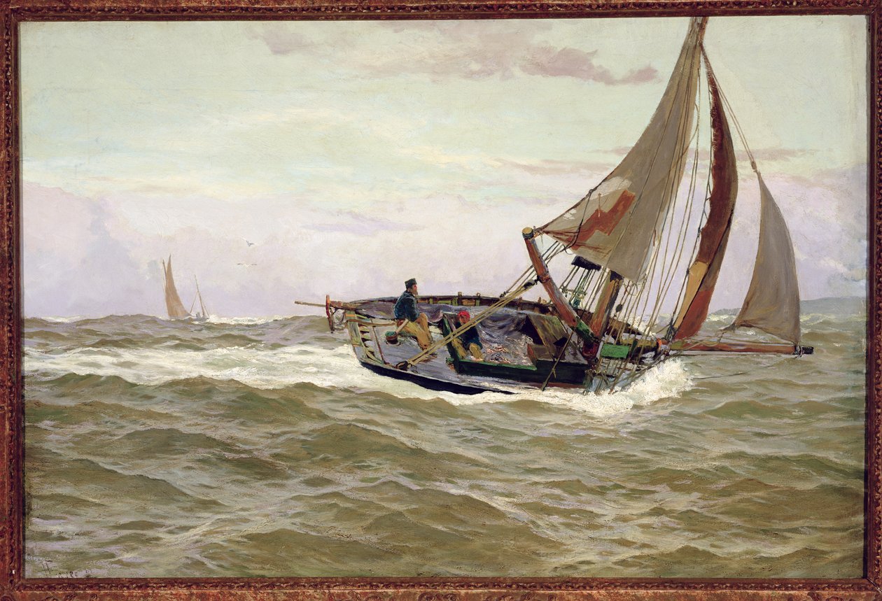 Ein Fischerboot bei starkem Wind von John Fraser