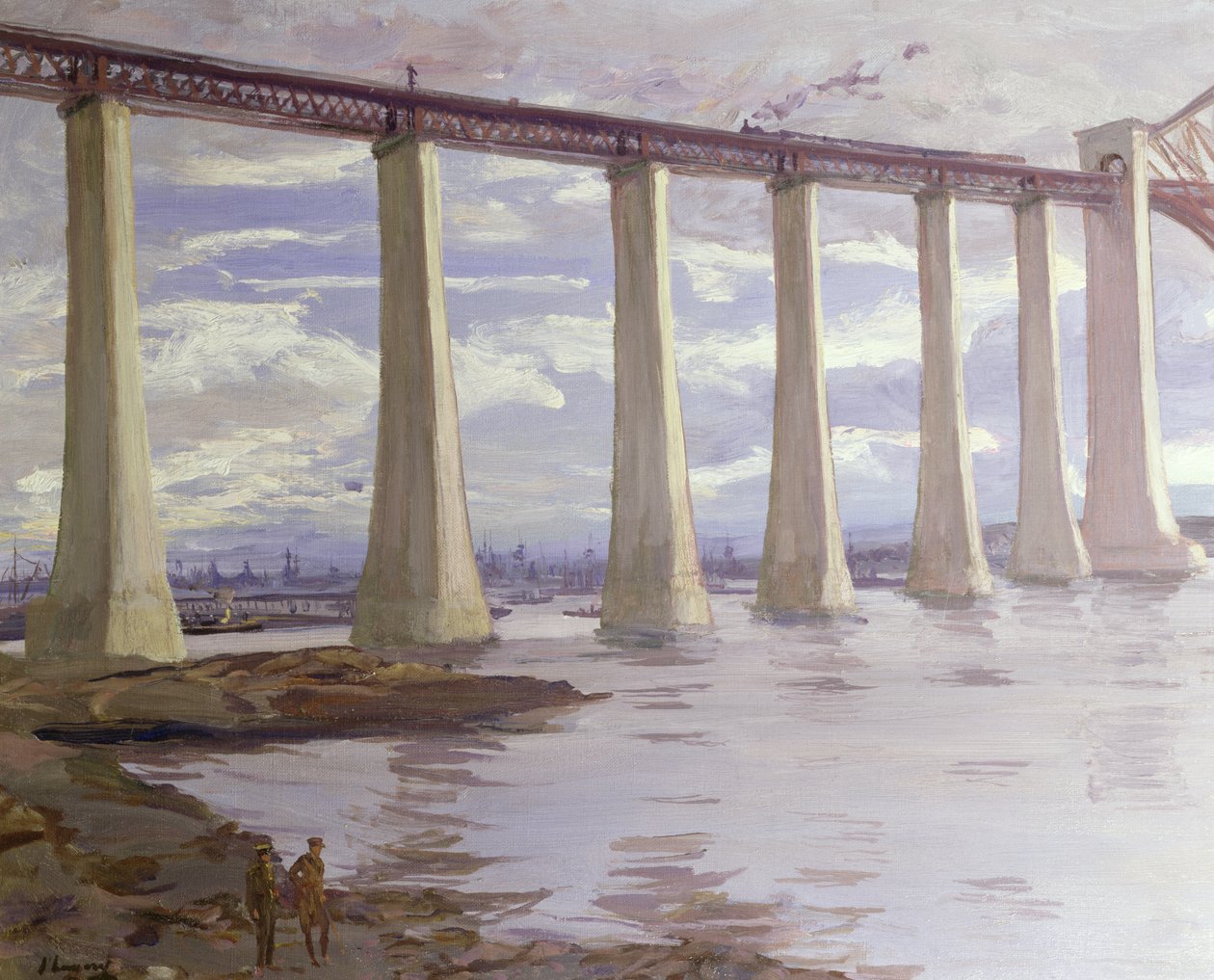 Die Pfeiler, Forth Bridge mit der Grand Fleet in der Ferne, 1917 von John Lavery