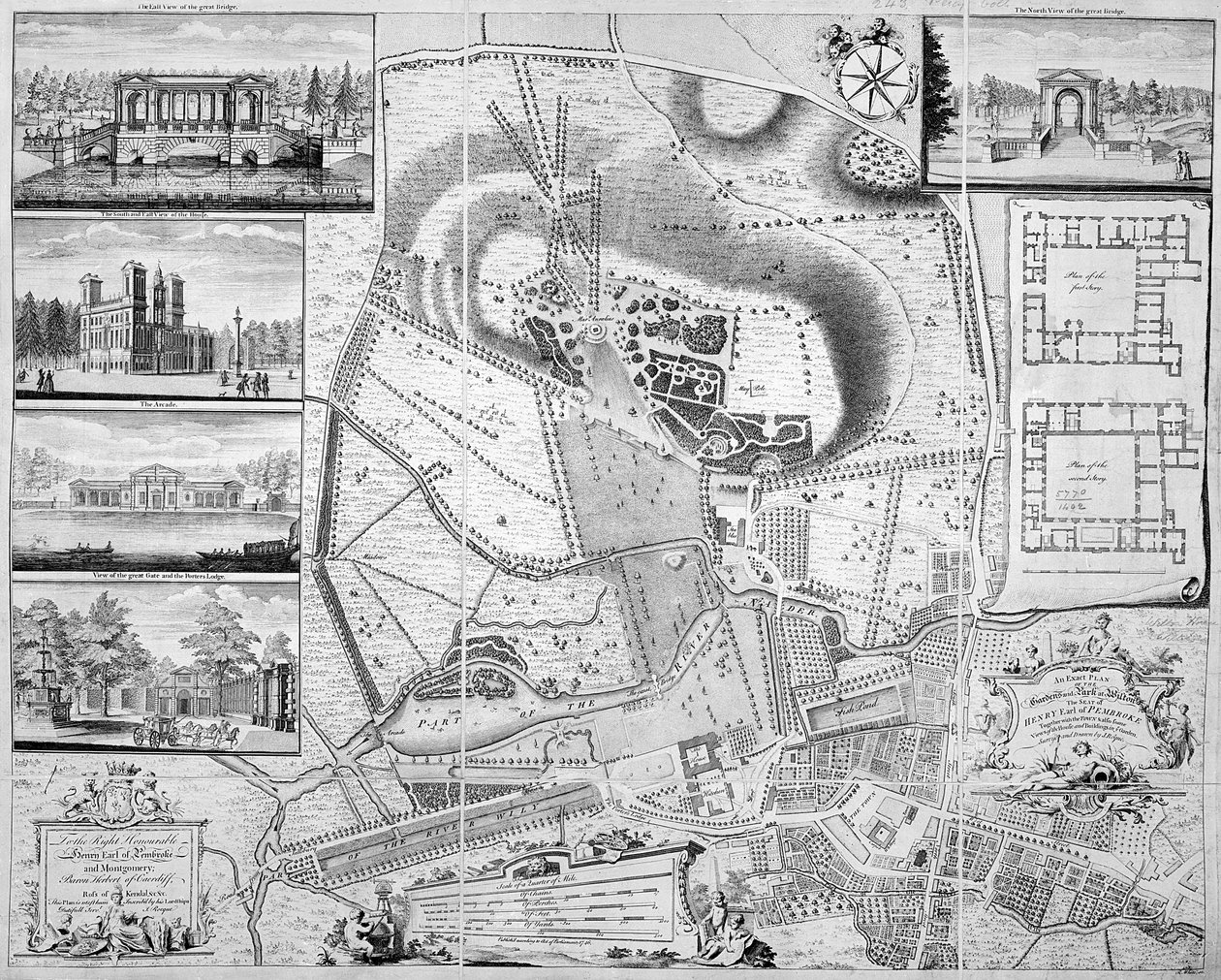 Ein genauer Plan der Gärten und des Parks in Wilton, dem Sitz des Earl of Pembroke, 1746 von John Rocque