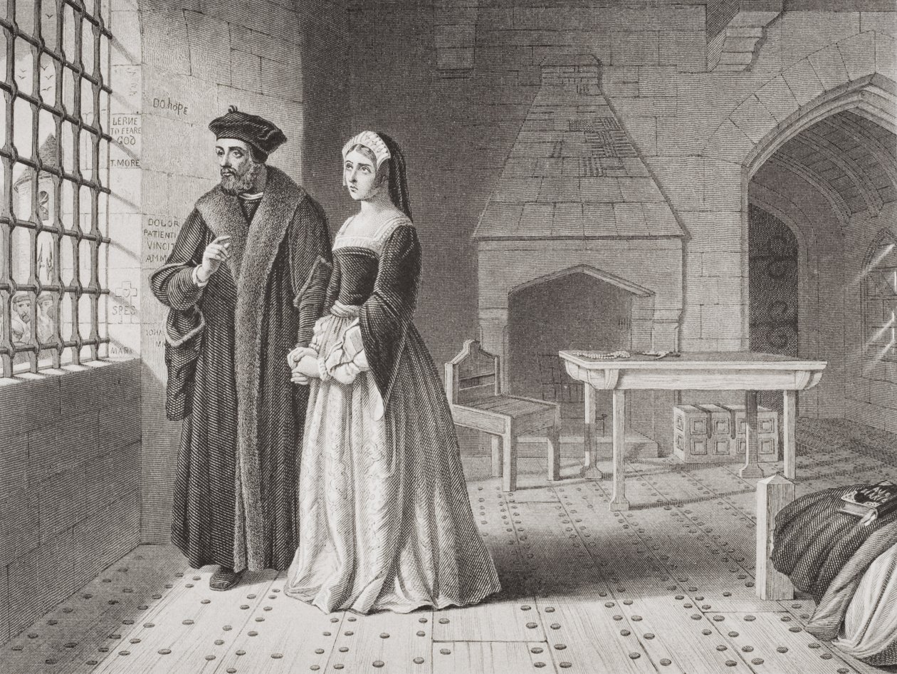Sir Thomas More (1477-1535) und seine Tochter Margaret, beobachten Mönche, die von seinem Gefängnisfenster zur Hinrichtung gehen, aus 