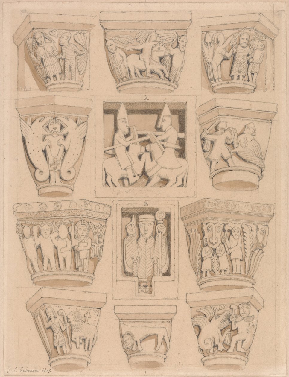 Kapitäle und A und B Basreliefs in der Abteikirche von Saint Georges de Bocherville, bei Rouen, Normandie von John Sell Cotman
