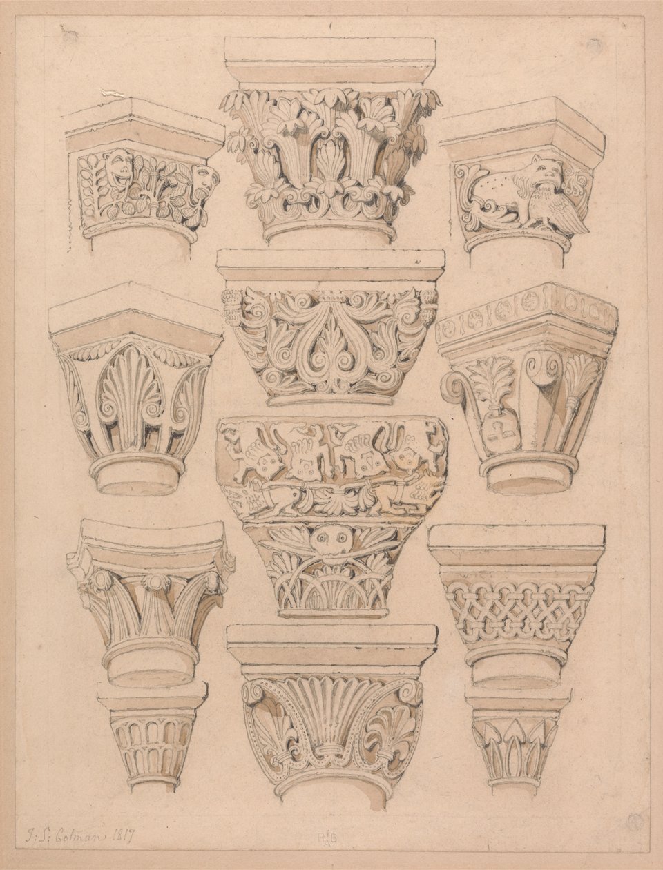 Kapitelle in der Abteikirche von St. Georges de Bocherville, nahe Rouen, Normandie von John Sell Cotman