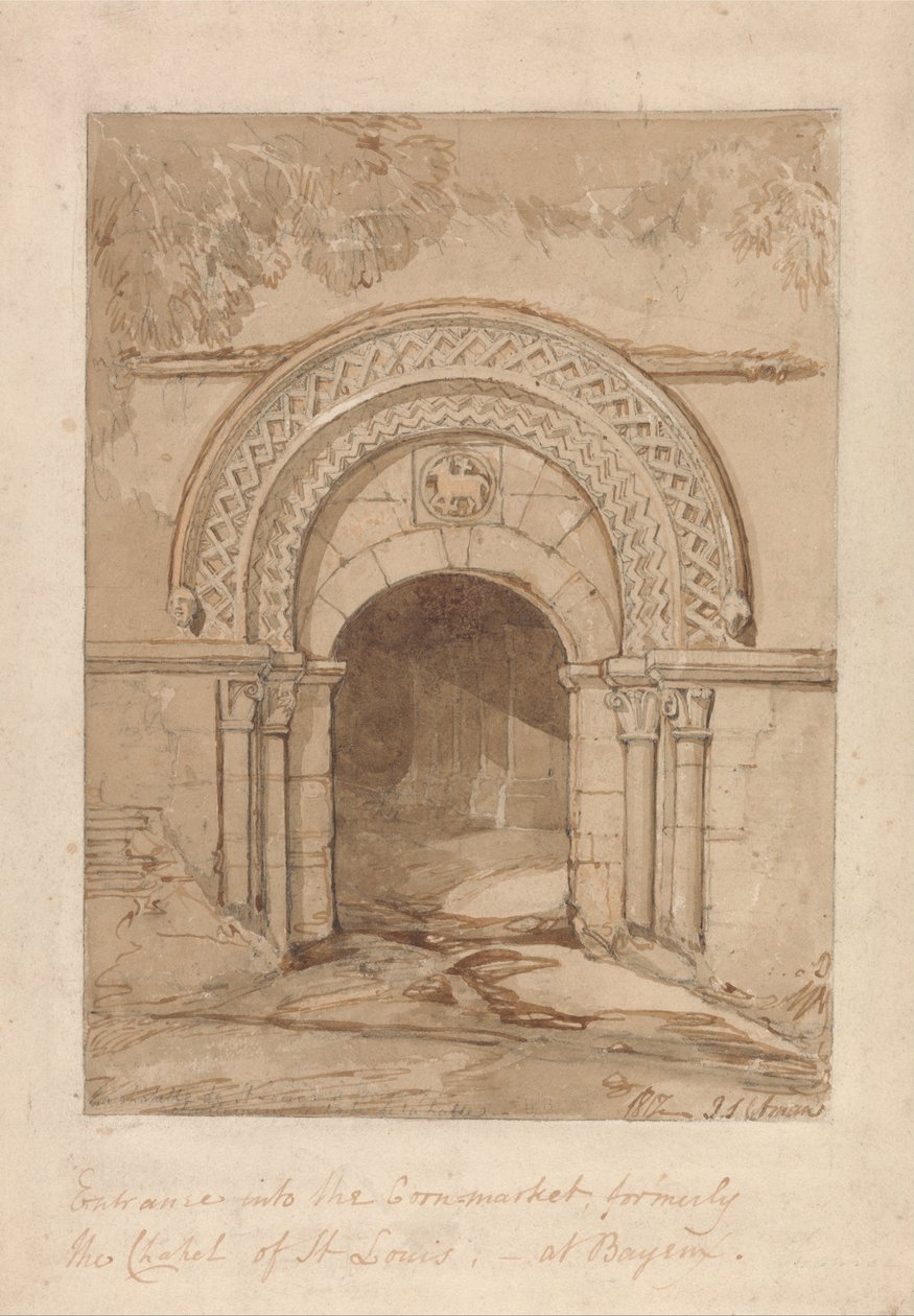 Eingang zum Kornmarkt, ehemals die Kapelle St. Louis, in Bayeux von John Sell Cotman