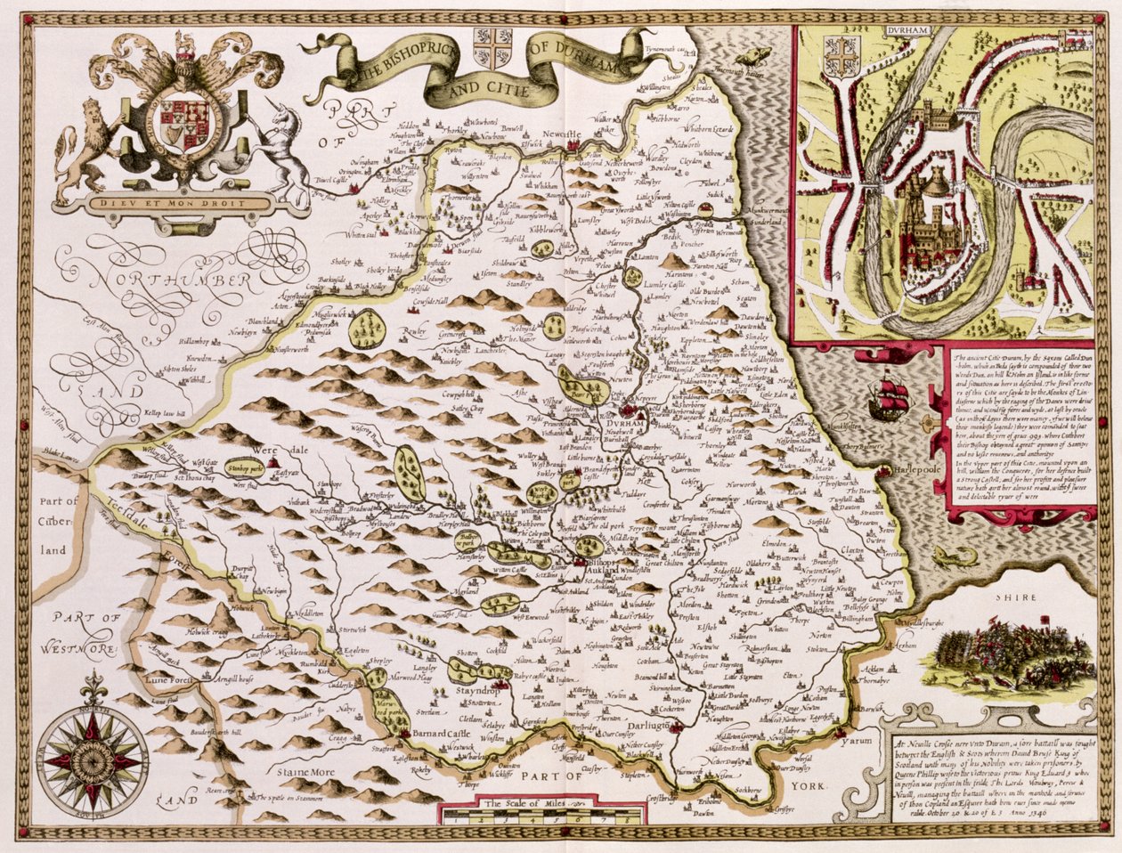 Das Bistum und die Stadt Durham, graviert von Jodocus Hondius (1563-1612) aus John Speeds 
