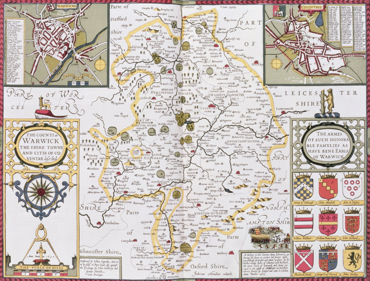 Die Grafschaft Warwick, die Shire-Stadt und die Stadt Coventry, graviert von Jodocus Hondius aus John Speeds 