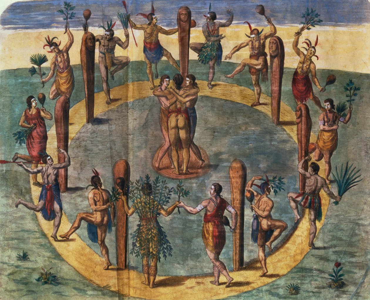 Indischer Ritualtanz aus dem Dorf Secoton, Buchillustration, um 1570-80 von John White