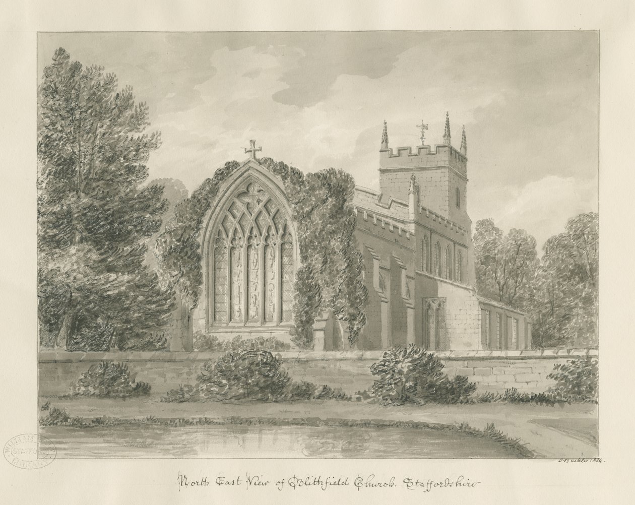 Blithfield Kirche (Sepia-Zeichnung) von John Buckler