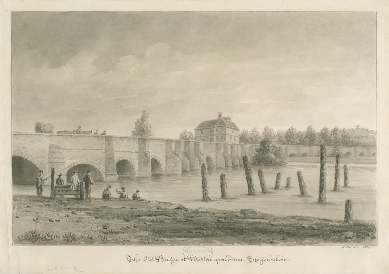 Burton-upon-Trent Brücke und Stadt: Sepiazeichnung, 1839 von John Buckler