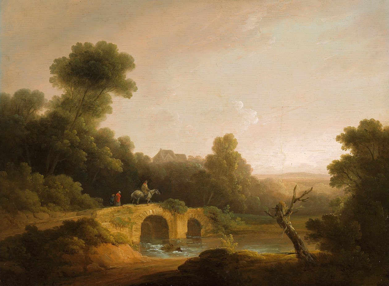 Landschaft mit Figuren, die eine Brücke überqueren von John Rathbone