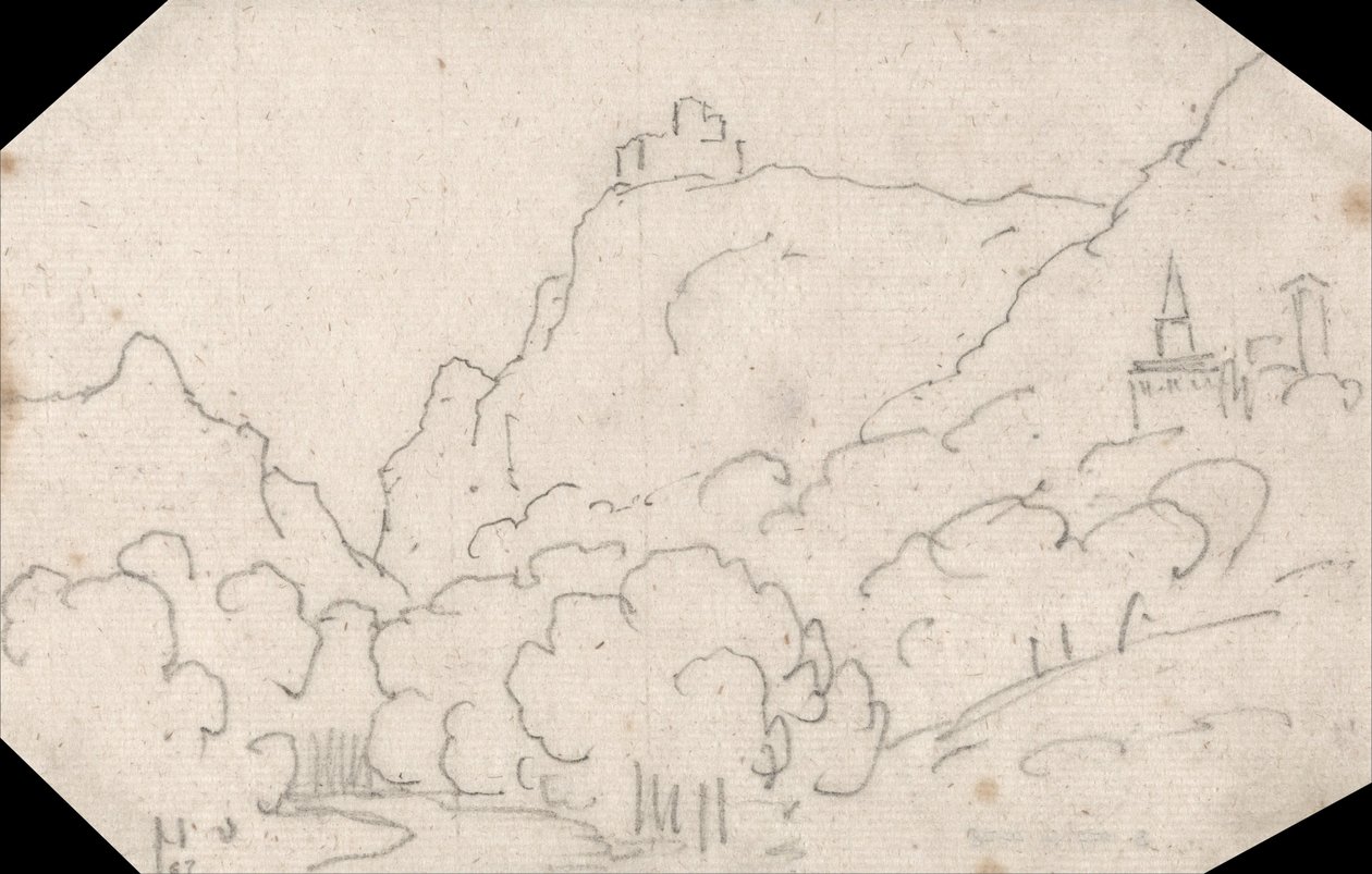 Bergblick mit Gebäuden von John Robert Cozens