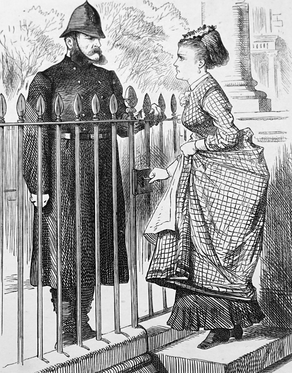 Ein Polizist spricht mit einer jungen Frau von John Tenniel