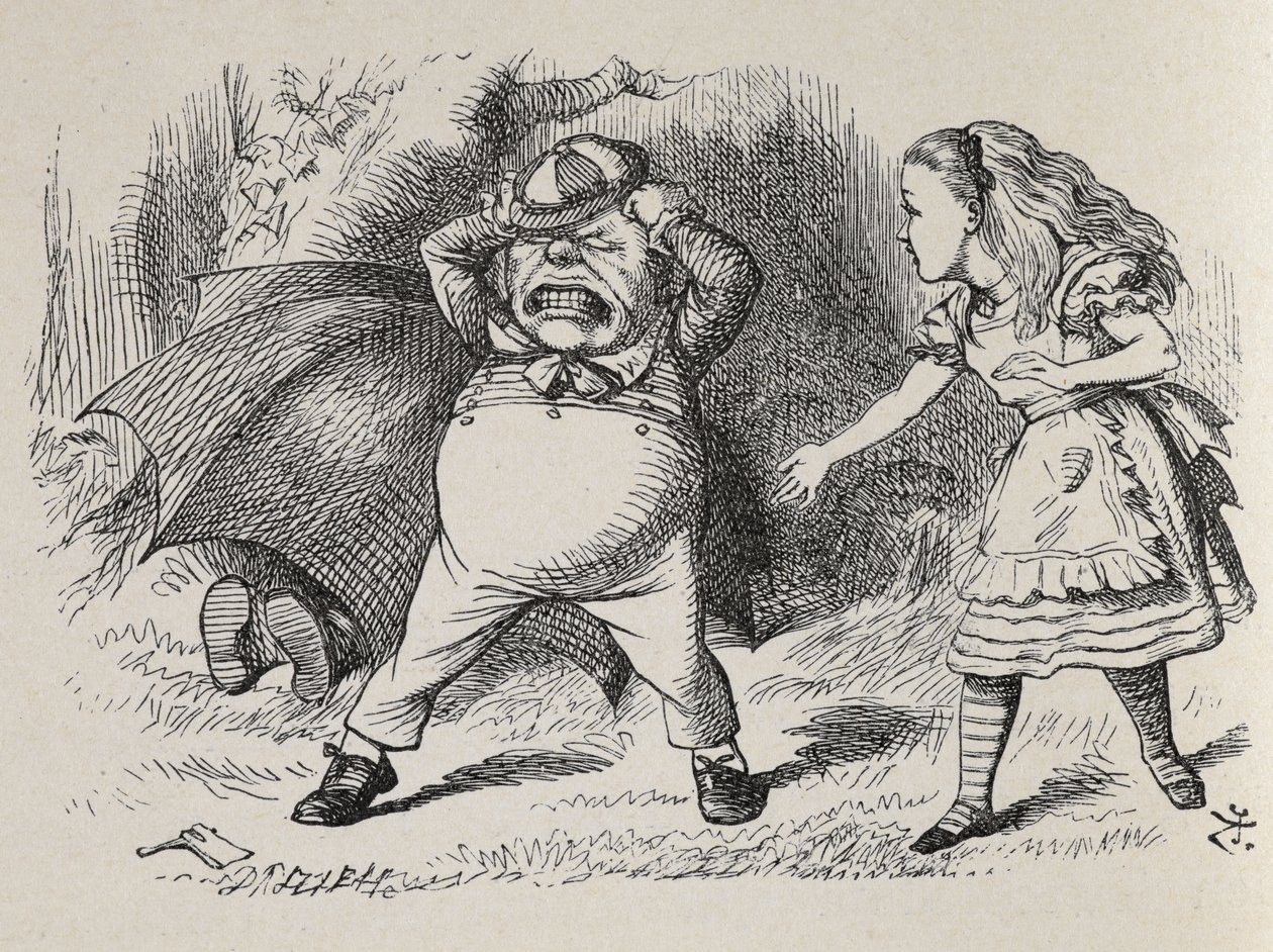 Alice mit wütendem Tweedledum und verstecktem Tweedledee von John Tenniel