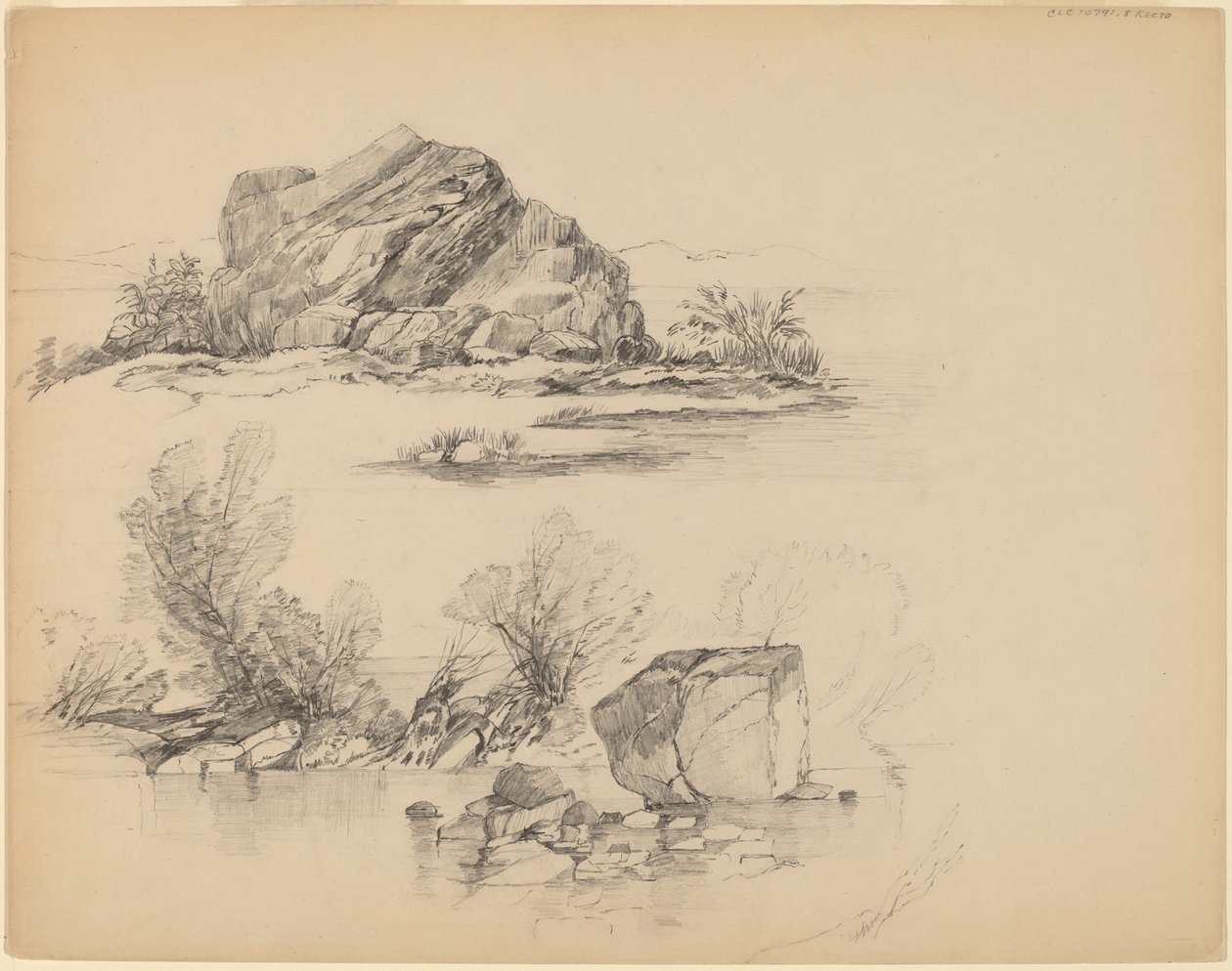 Felsen entlang eines Seeufers [recto] von John William Casilear