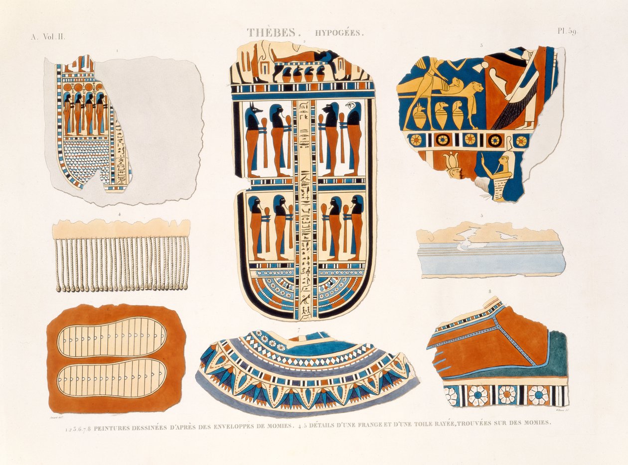 Illustrationen dekorativer Details von Mumienwicklungen, Detail (Fransen und gestreiftes Material), Theben, Hypogäen, Platte 59 aus Band II von 
