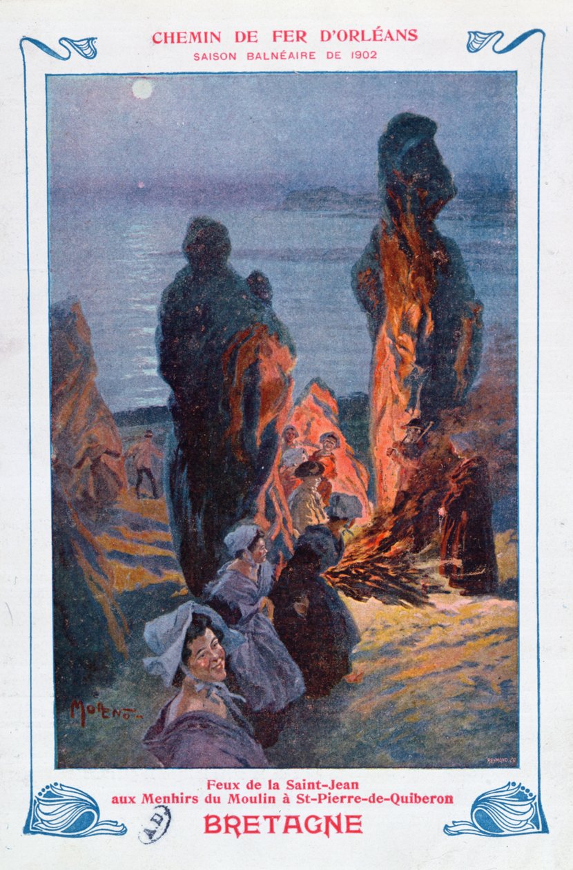 Freudenfeuer zur Feier der Sommersonnenwende in Saint-Pierre-de-Quiberon, Bretagne, Plakatwerbung für die Orleans Railway, 1902 von Jose Moreno Carbonero