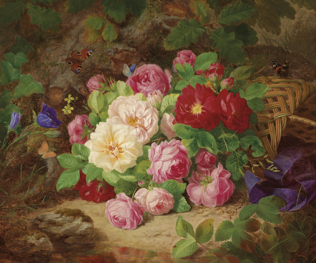 Rosenstück am Waldboden mit Schmetterlingen, Korb und blauem Band von Josef Lauer