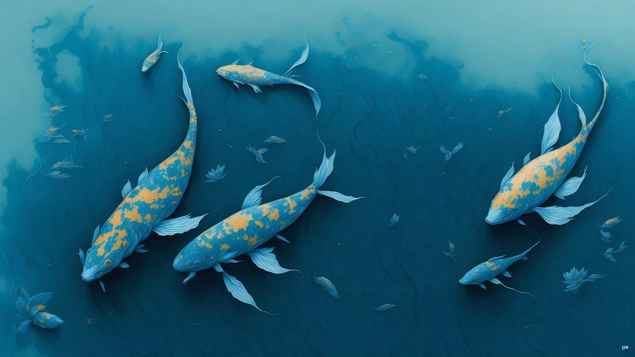 Tuschemalerei: Koi-Karpfen Blau_01 von Josef Johann Michel