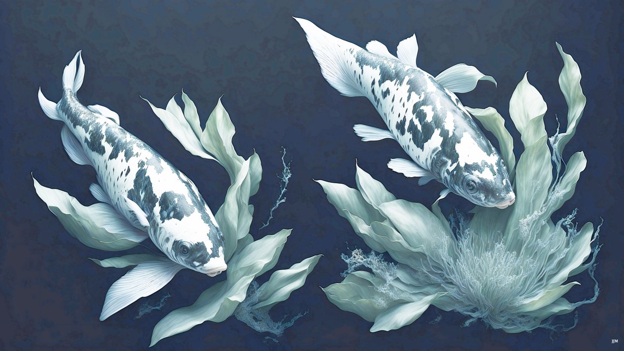 Tintenmalerei: Koi-Karpfen weißer Marmor 01 von Josef Johann Michel