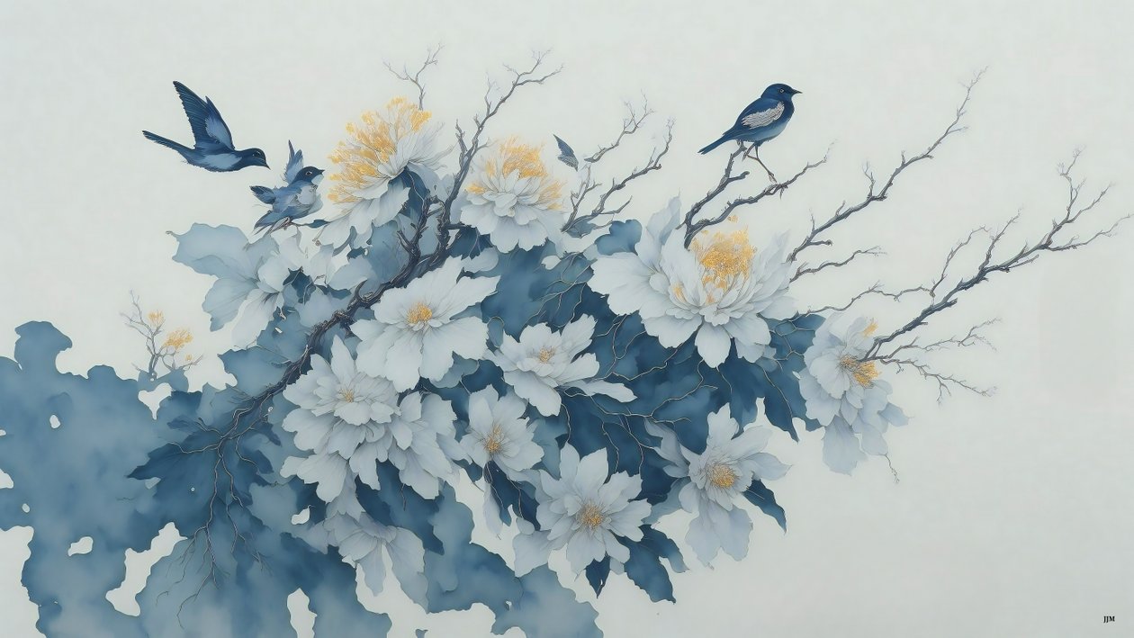 Tuschemalerei: Chrysanthemenblume in Blau_02 von Josef Johann Michel